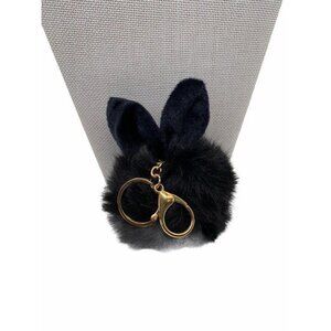 Black Bunny Ears Fur Ball Keychain Charm With Plush Key Holder